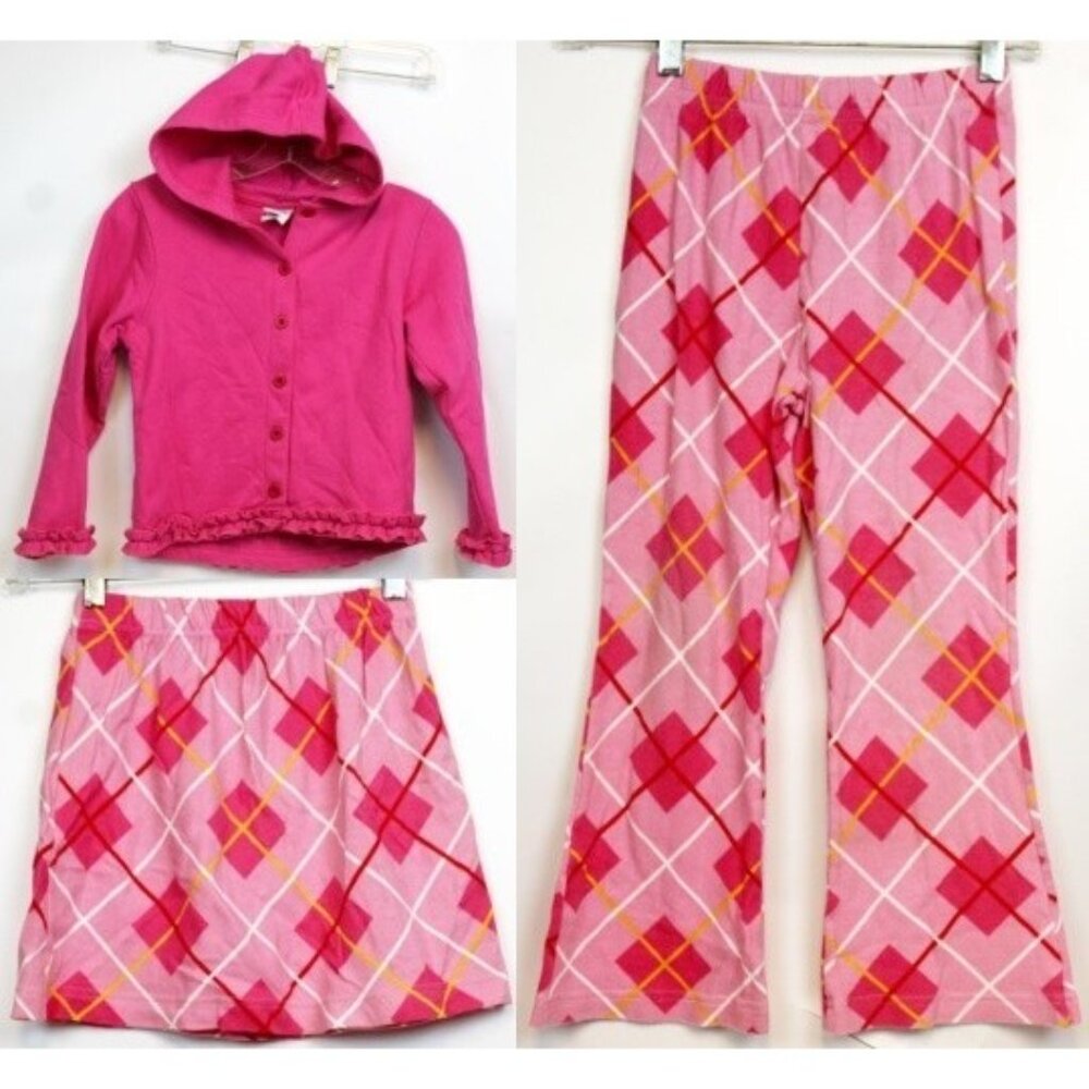 Kelly's Kids 3pc girls Outfit Set Pink Argyle Jacket Skirt Pants sz M 7/8 Play